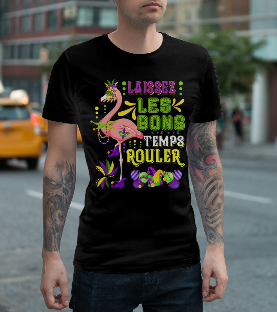 LAISSEZ LES BONS TEMPS ROULER Flamingo Mardi Gras Beads T-Shirt