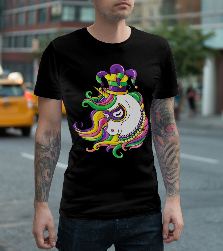 Jester Hat Rainbow Unicorn Mardi Gras Beads T-Shirt