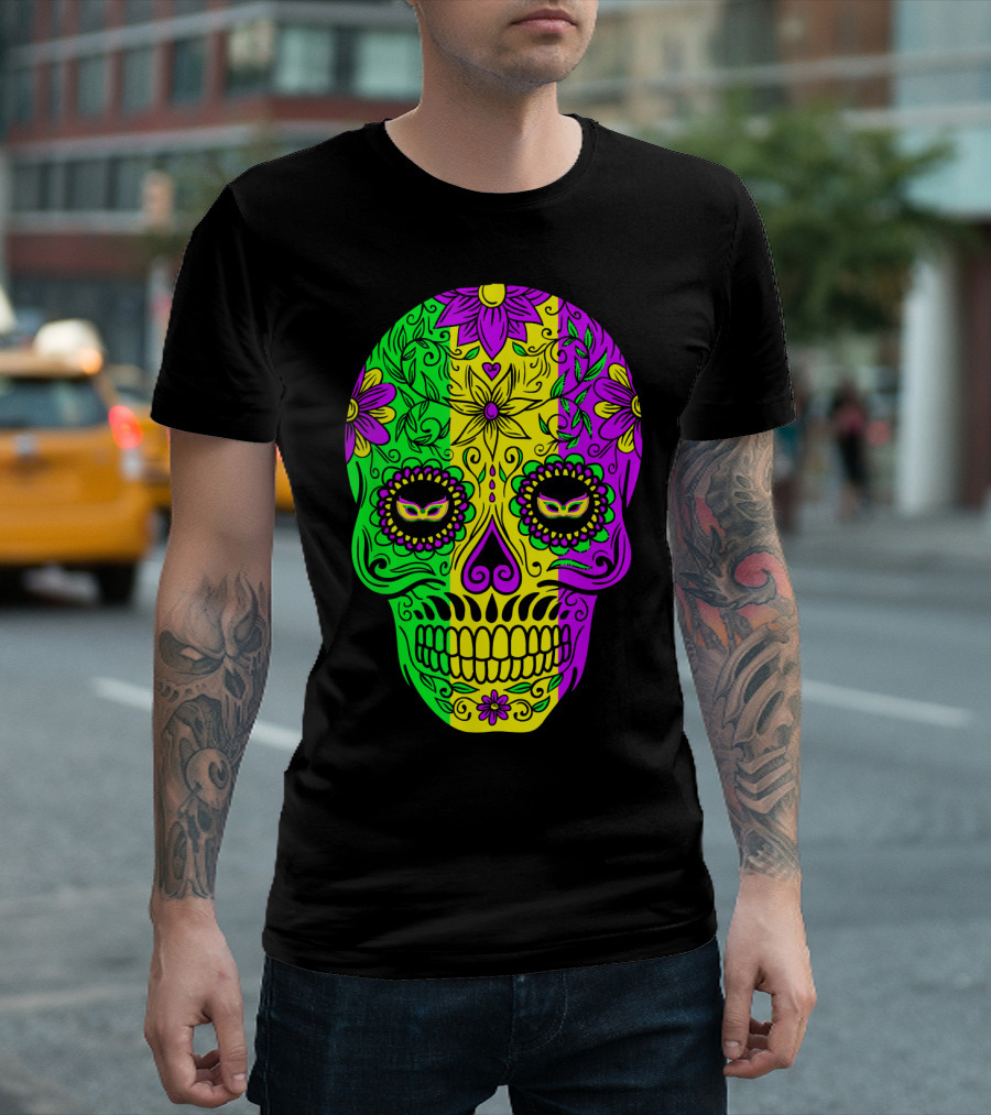 Mardi Gras Sugar Skull With Jester Hat Design And Colorful Floral T-Shirt