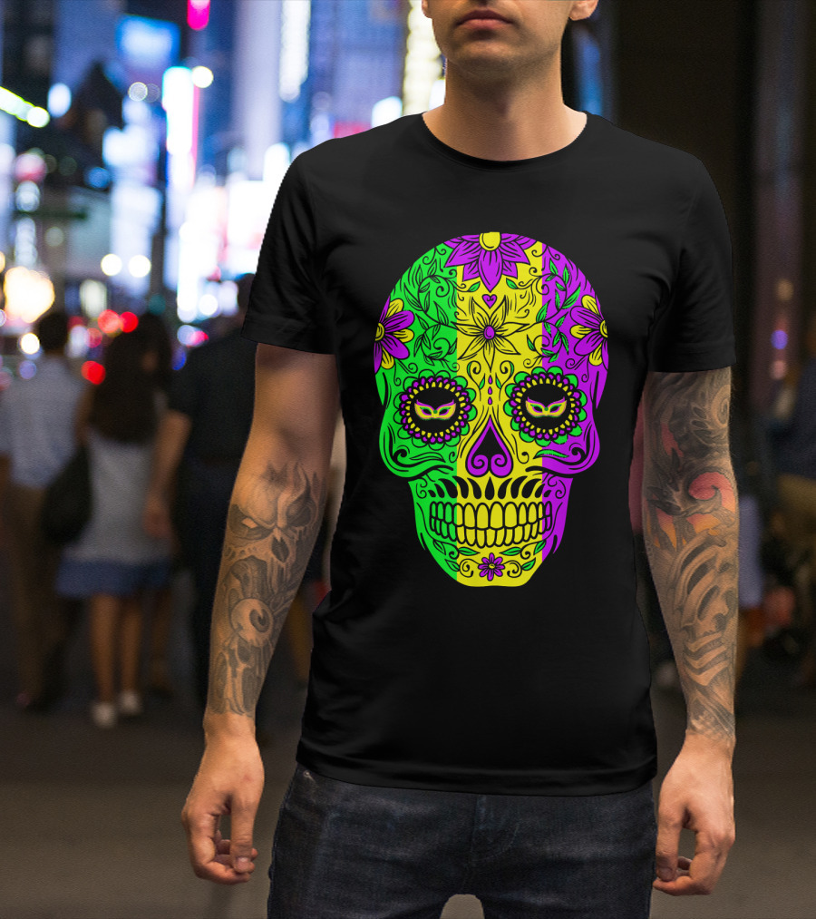 Mardi Gras Sugar Skull With Jester Hat Design And Colorful Floral T-Shirt