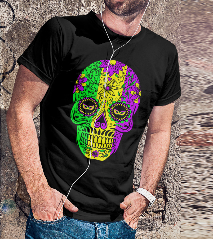 Mardi Gras Sugar Skull With Jester Hat Design And Colorful Floral T-Shirt