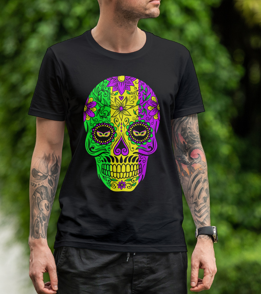 Mardi Gras Sugar Skull With Jester Hat Design And Colorful Floral T-Shirt