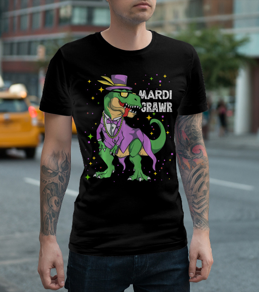 Mardi Gras Dinosaur Mardi Grawr T-Rex in Purple Suit with Beads and Hat T-Shirt