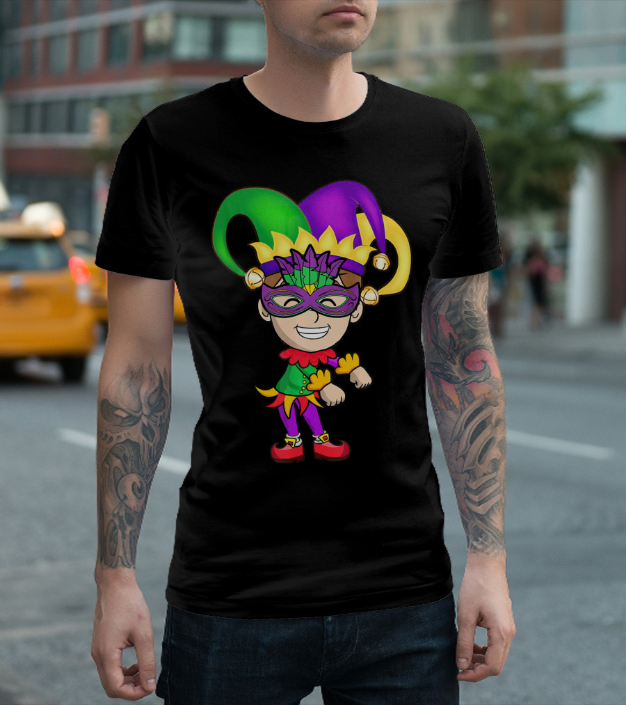 Mardi Gras Jester Kid Flossing Dance Colorful Mask and Costume T-Shirt