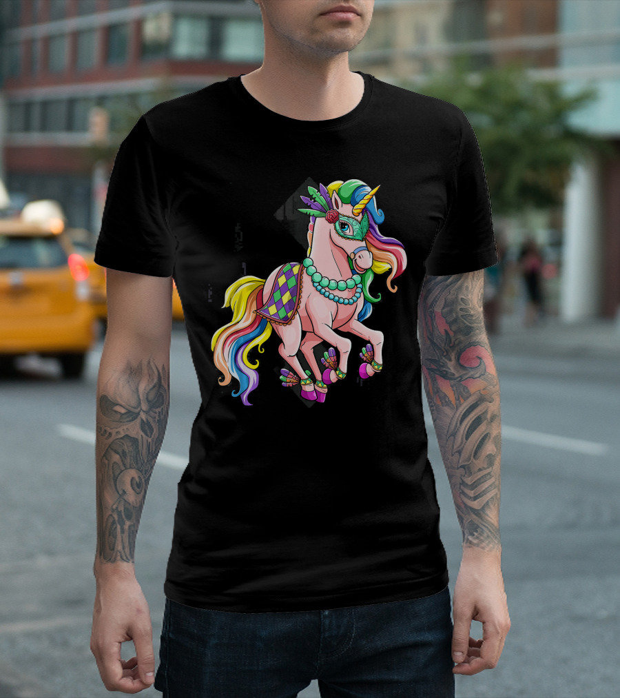 Mardi Gras Unicorn New Orleans Beads Mask Colorful Harlequin T-Shirt