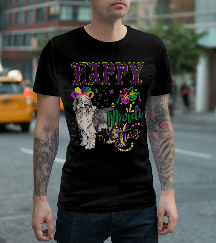 HAPPY Mardi Gras Olde English Sheepdog Mask Beads T-Shirt