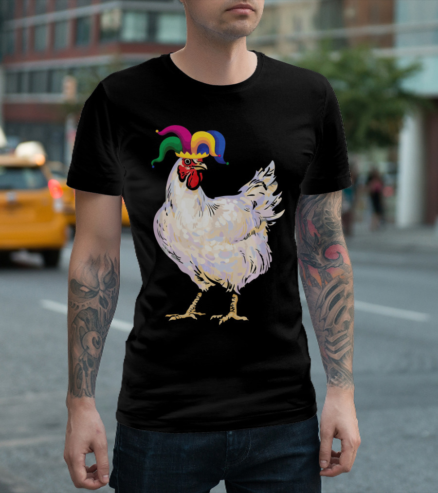Funny Mardi Gras Chicken Wearing Colorful Jester Hat T-Shirt
