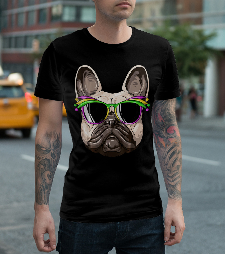 French Bulldog With Mardi Gras Jester Sunglasses T-Shirt