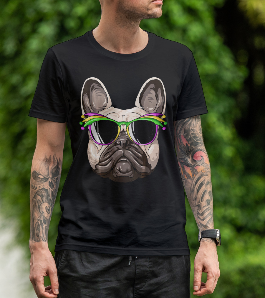French Bulldog With Mardi Gras Jester Sunglasses T-Shirt