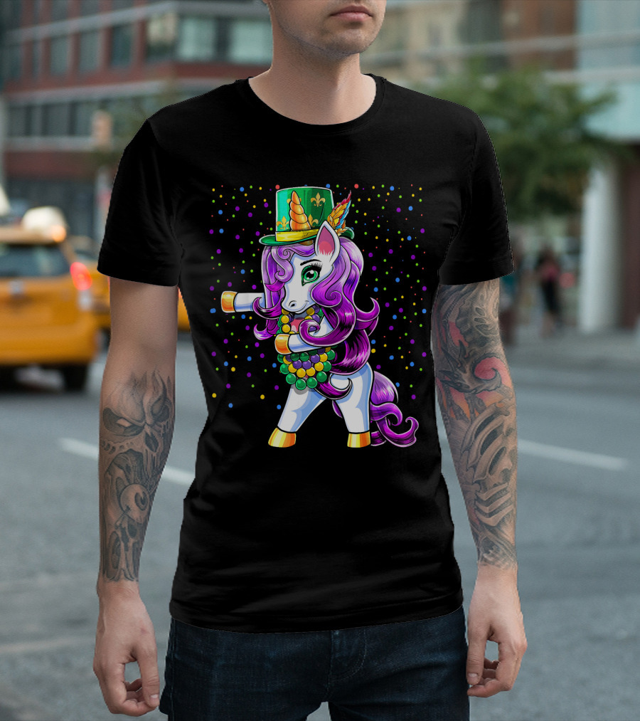 Mardi Gras Unicorn Flossing with Jester Hat and Beads T-Shirt