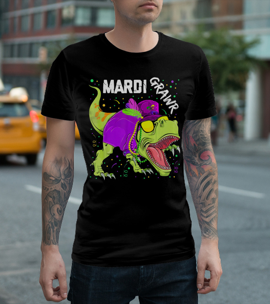 Mardi Grawr Dinosaur Mardi Gras Beads Cosplay Party T-Shirt