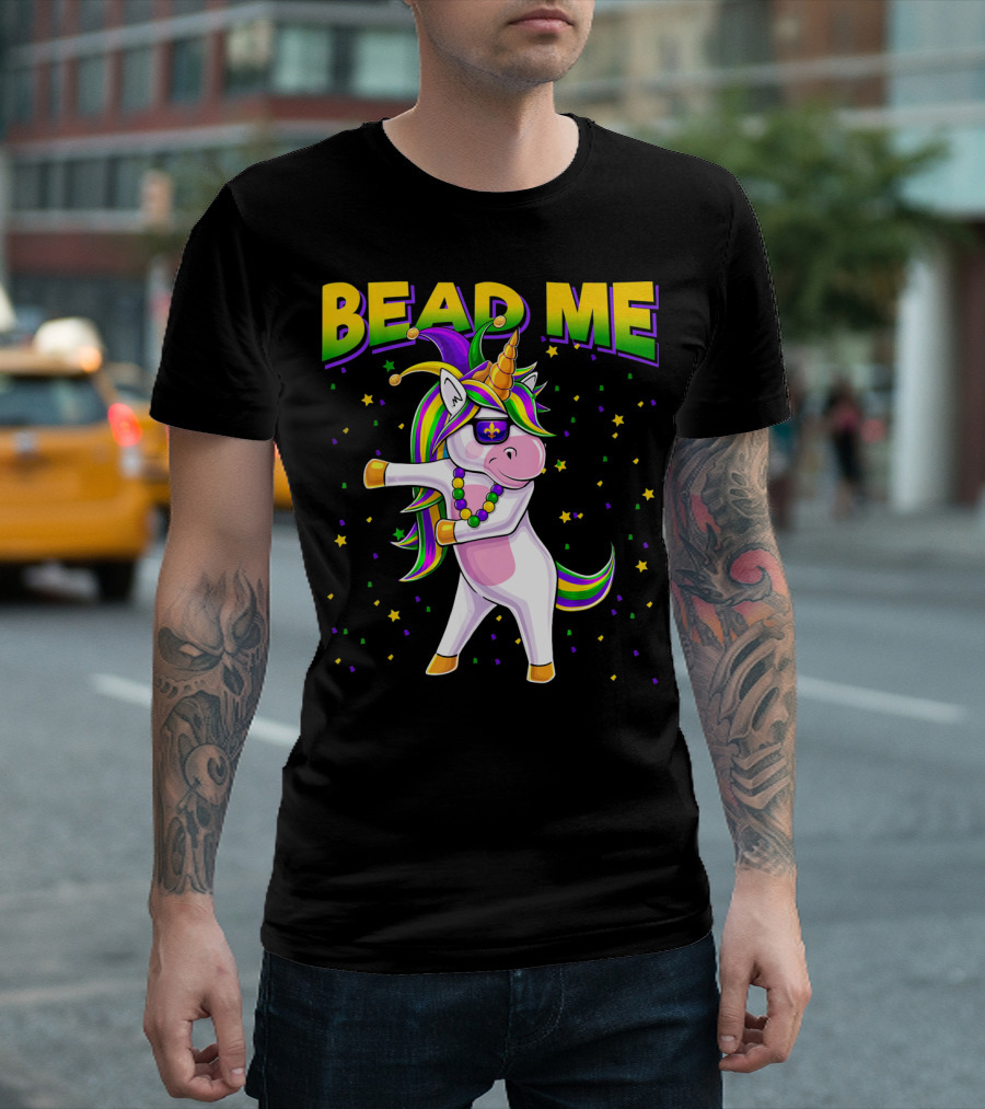 Bead Me Mardi Gras Flossing Unicorn Jest Fleur-de-lis Stars T-Shirt