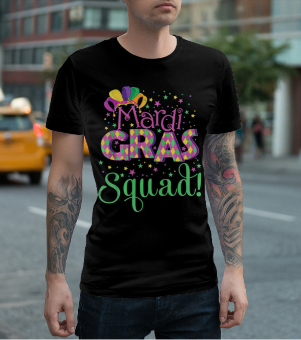 Mardi Gras Squad Funny Carnival Colorful Jester Hat And Stars T-Shirt