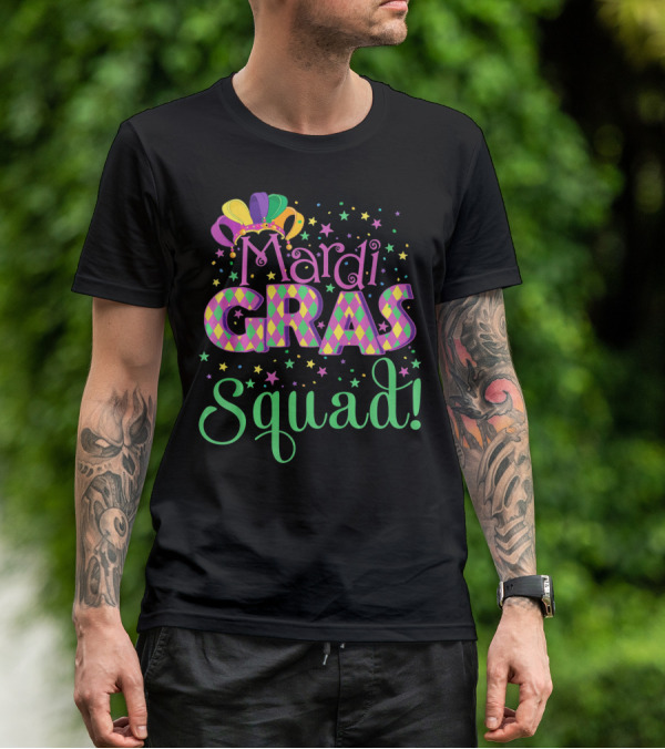 Mardi Gras Squad Funny Carnival Colorful Jester Hat And Stars T-Shirt