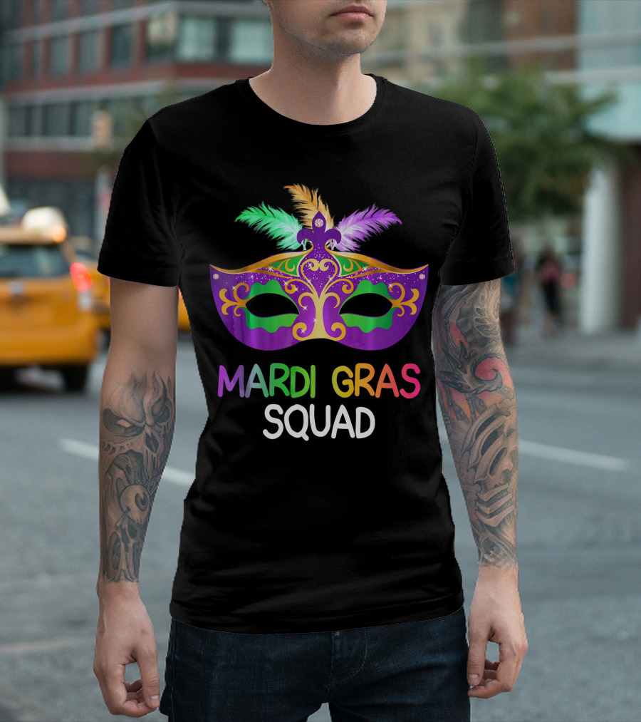 Mardi Gras Squad Colorful Mask Team Fun T-Shirt