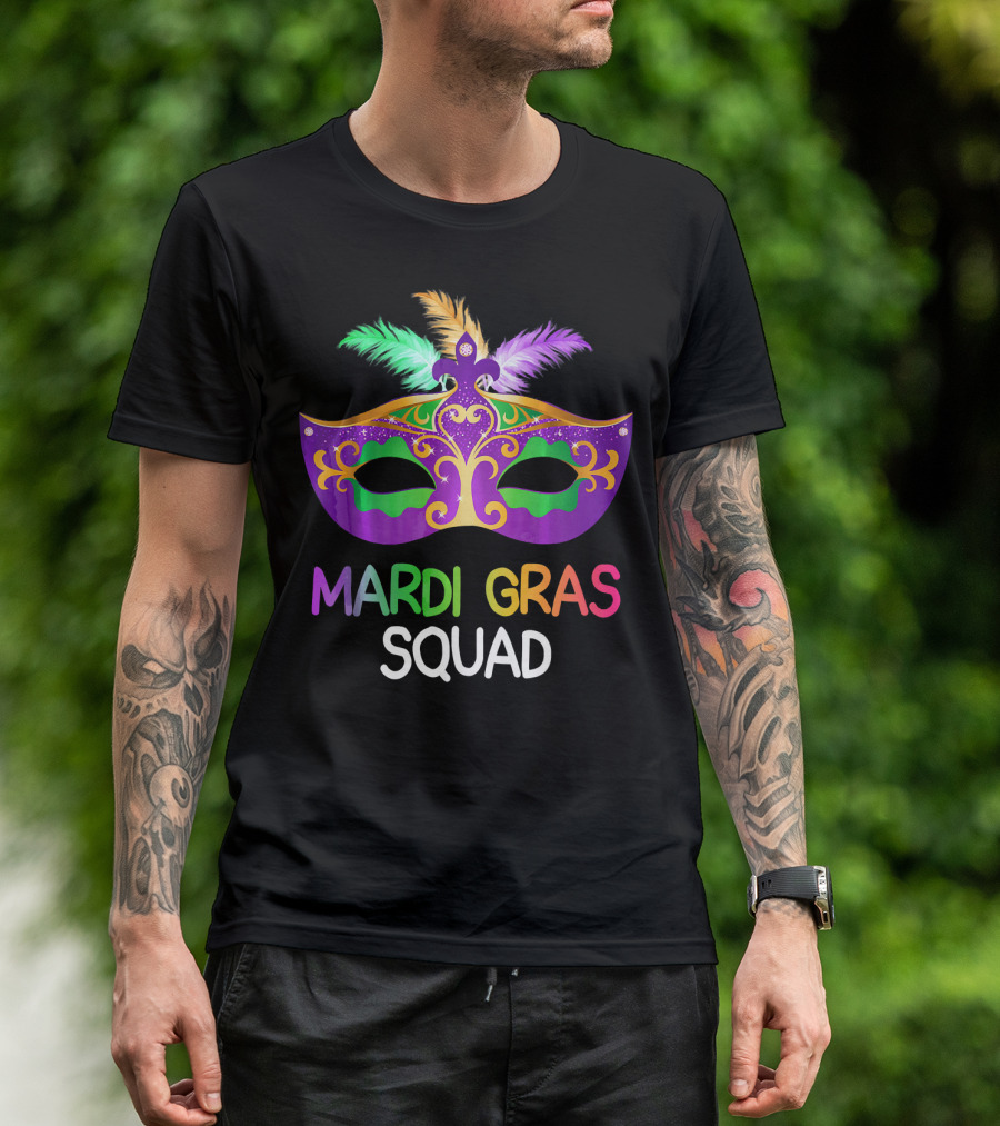 Mardi Gras Squad Colorful Mask Team Fun T-Shirt