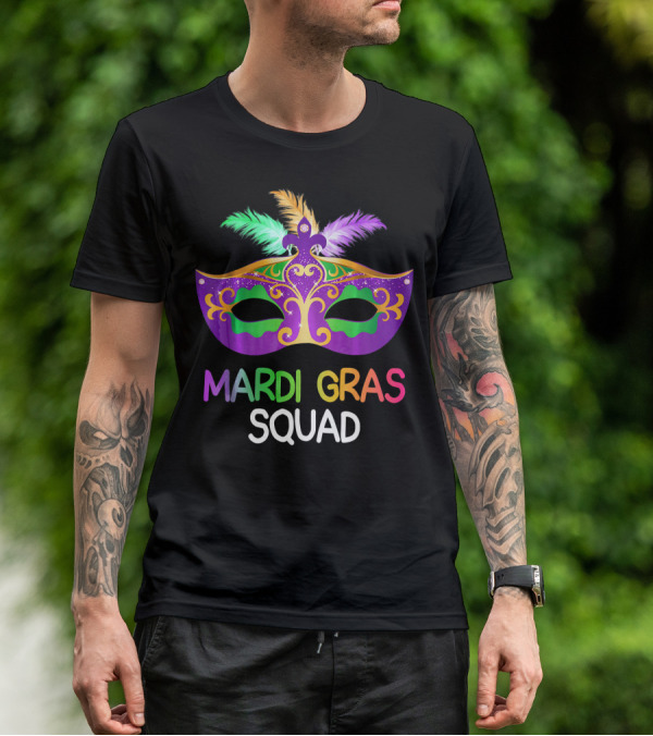 Mardi Gras Squad Colorful Mask Team Fun T-Shirt