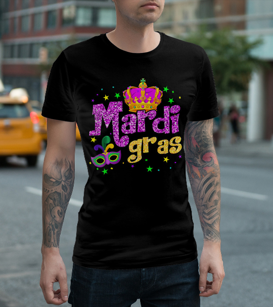 Mardi Gras Crown Glitter Mask Stars T-Shirt