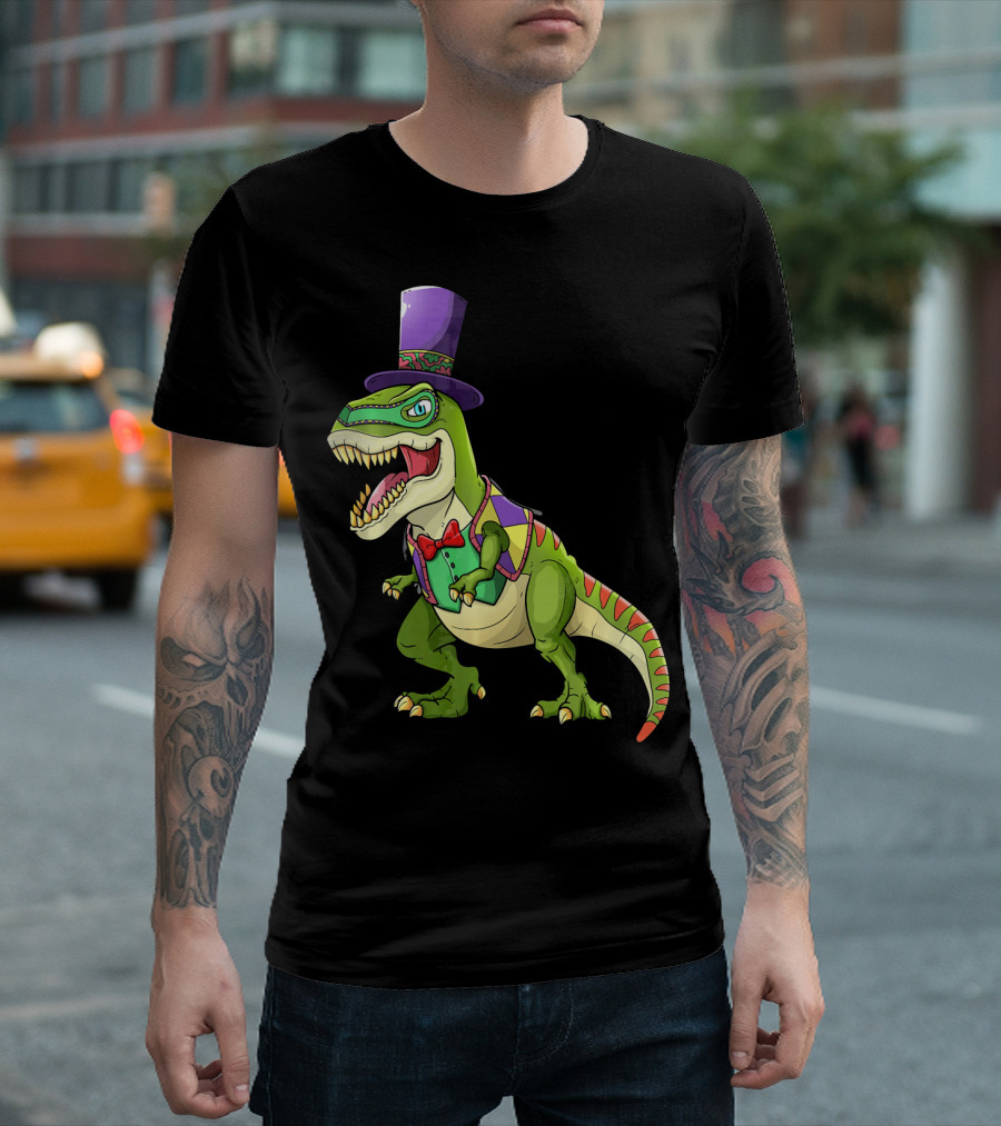Mardi Gras Dinosaur Wearing Top Hat And Bow Tie T-Shirt