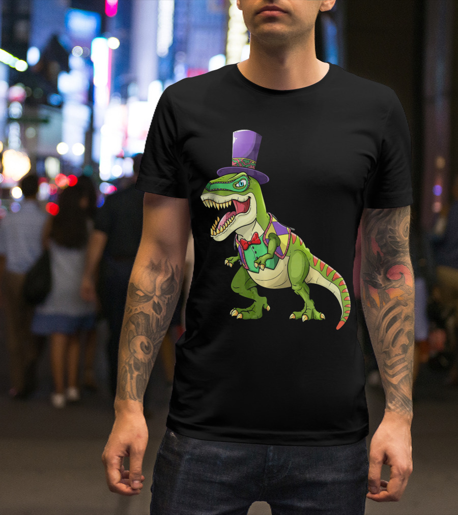 Mardi Gras Dinosaur Wearing Top Hat And Bow Tie T-Shirt
