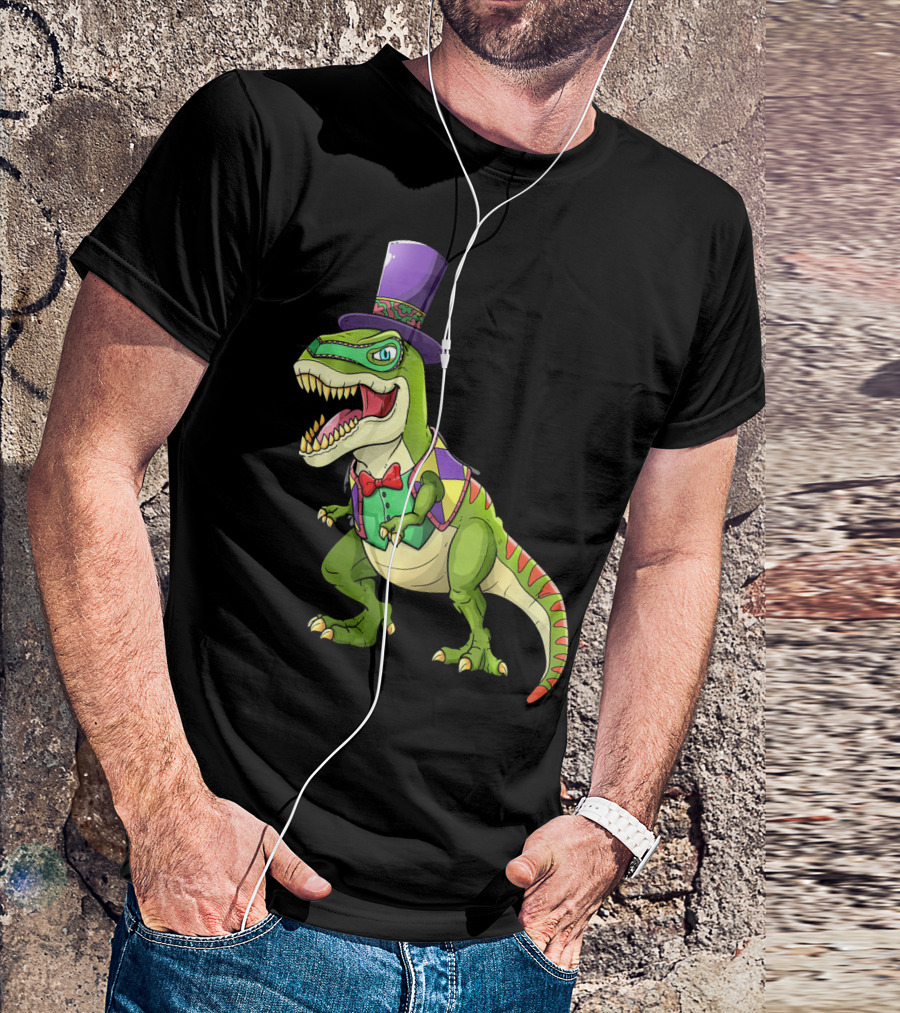 Mardi Gras Dinosaur Wearing Top Hat And Bow Tie T-Shirt