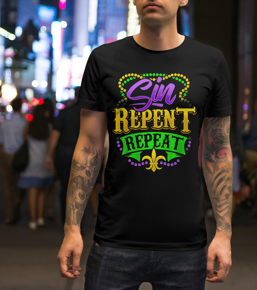 Mardi Gras Sin Repent Repeat Fleur De Lis Beads T-Shirt