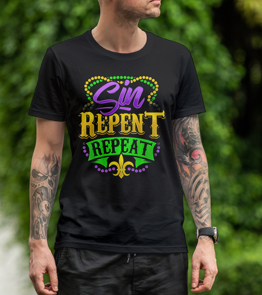 Mardi Gras Sin Repent Repeat Fleur De Lis Beads T-Shirt
