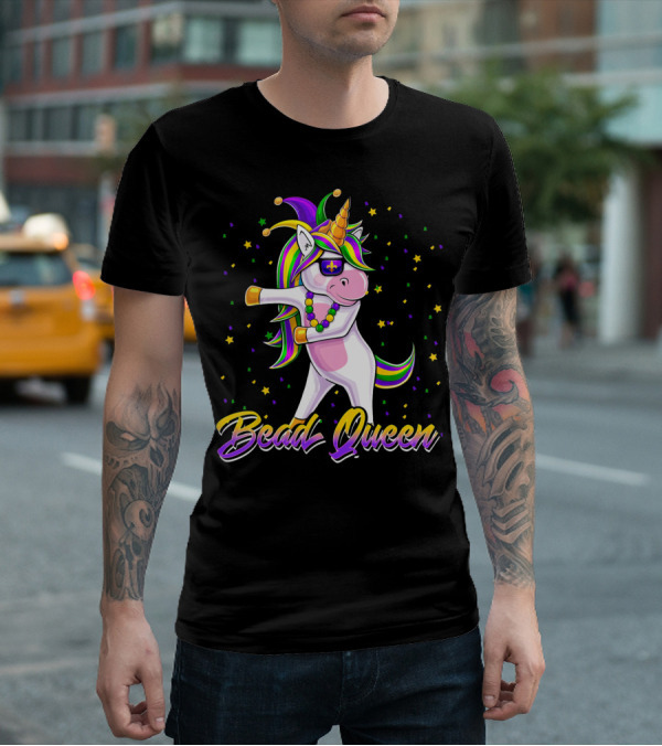 Bead Queen Mardi Gras Unicorn With Floss Dance And Jester Hat T-Shirt
