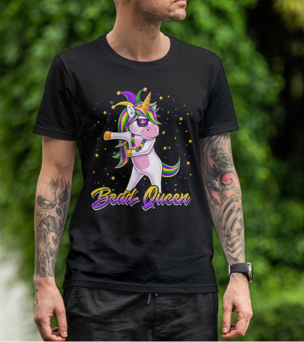 Bead Queen Mardi Gras Unicorn With Floss Dance And Jester Hat T-Shirt