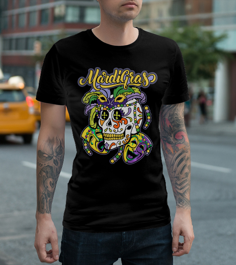 Mardi Gras Sugar Skull with Beads and Mask T-Shirt