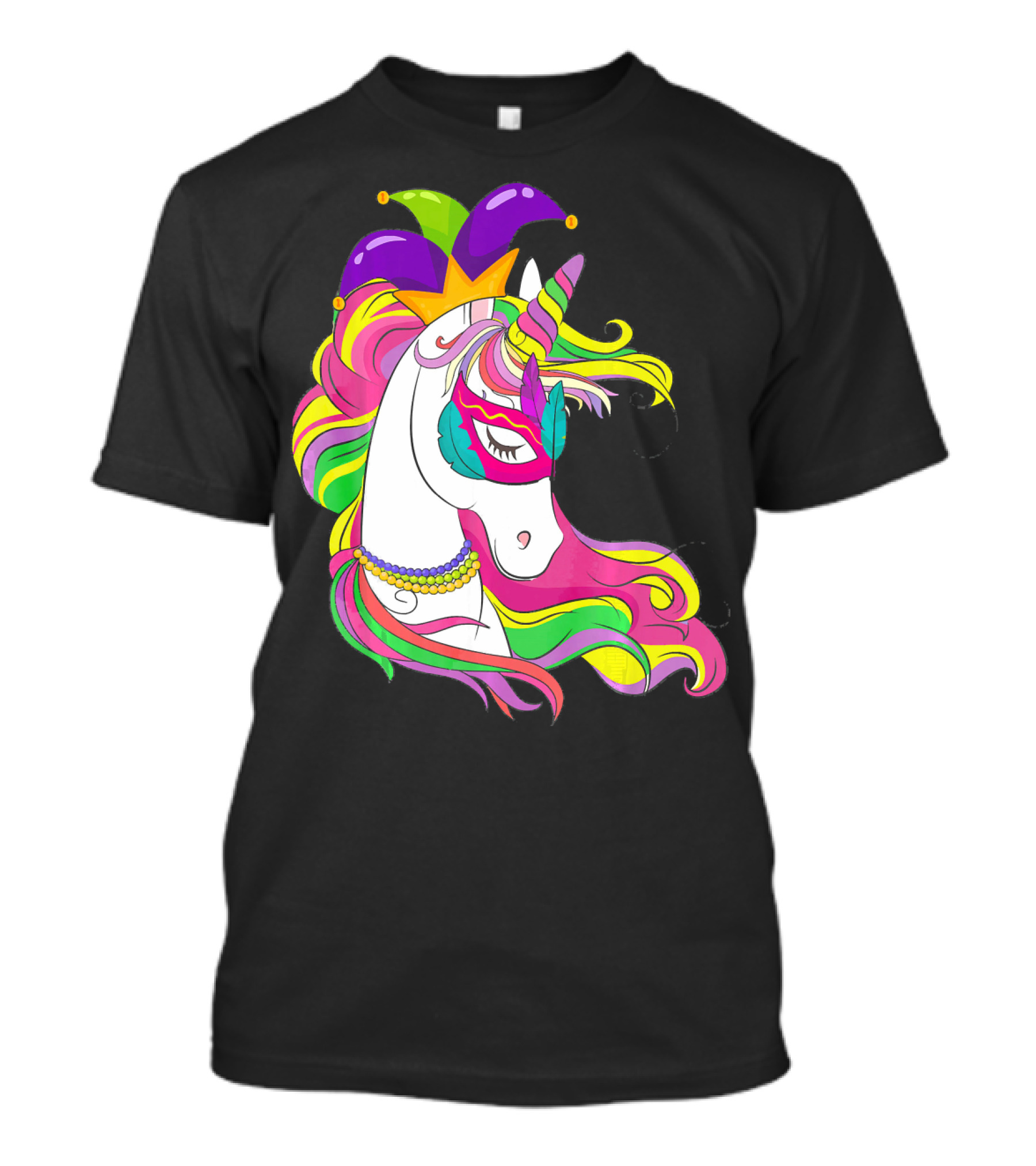 Mardi Gras Jester Unicorn With Rainbow Mask And Colorful Mane T-Shirt