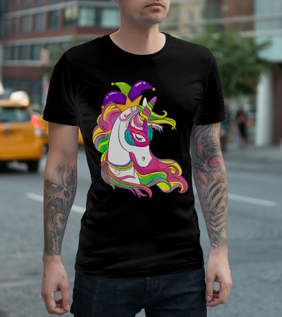 Mardi Gras Jester Unicorn With Rainbow Mask And Colorful Mane T-Shirt