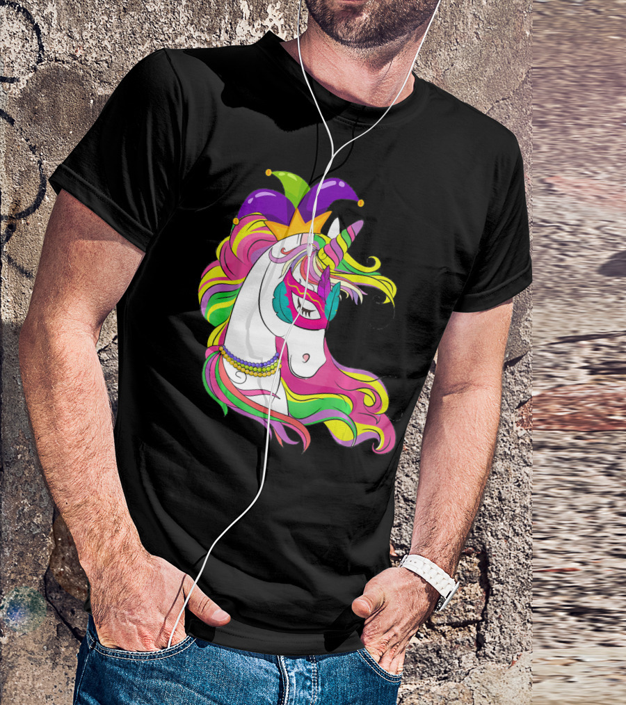 Mardi Gras Jester Unicorn With Rainbow Mask And Colorful Mane T-Shirt