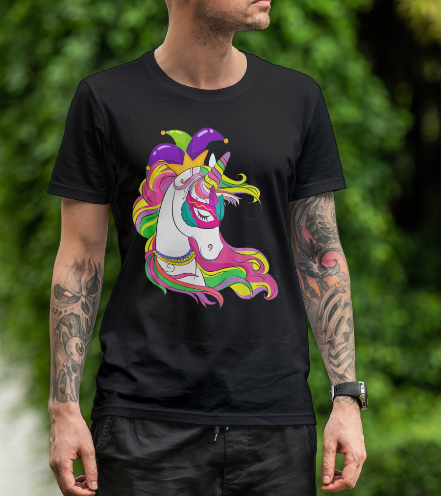 Mardi Gras Jester Unicorn With Rainbow Mask And Colorful Mane T-Shirt