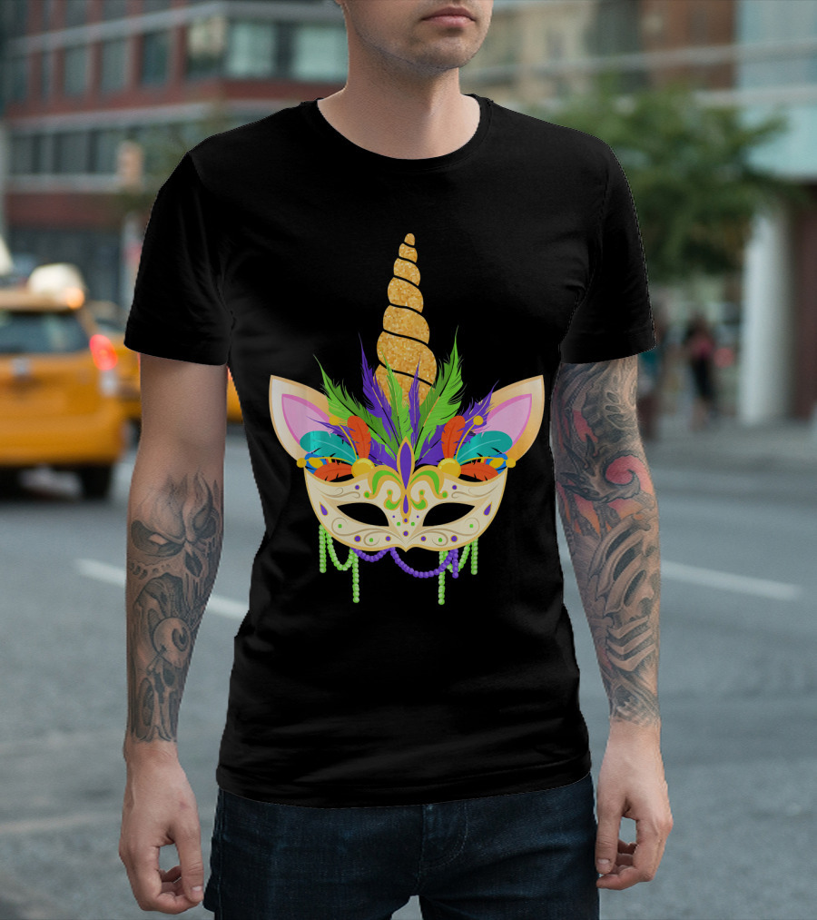 Unicorn Mask With Feathers And Beads Mardi Gras T-Shirt