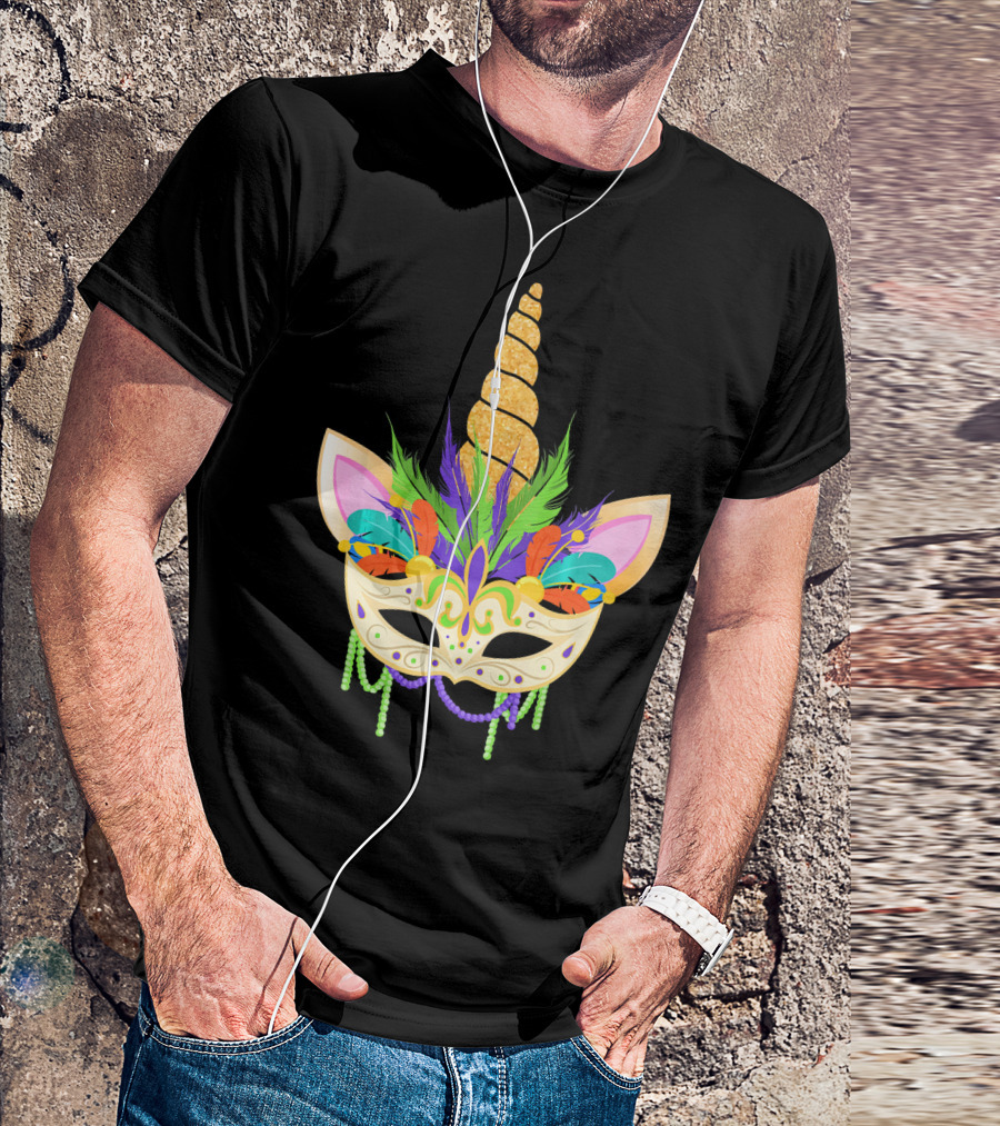 Unicorn Mask With Feathers And Beads Mardi Gras T-Shirt
