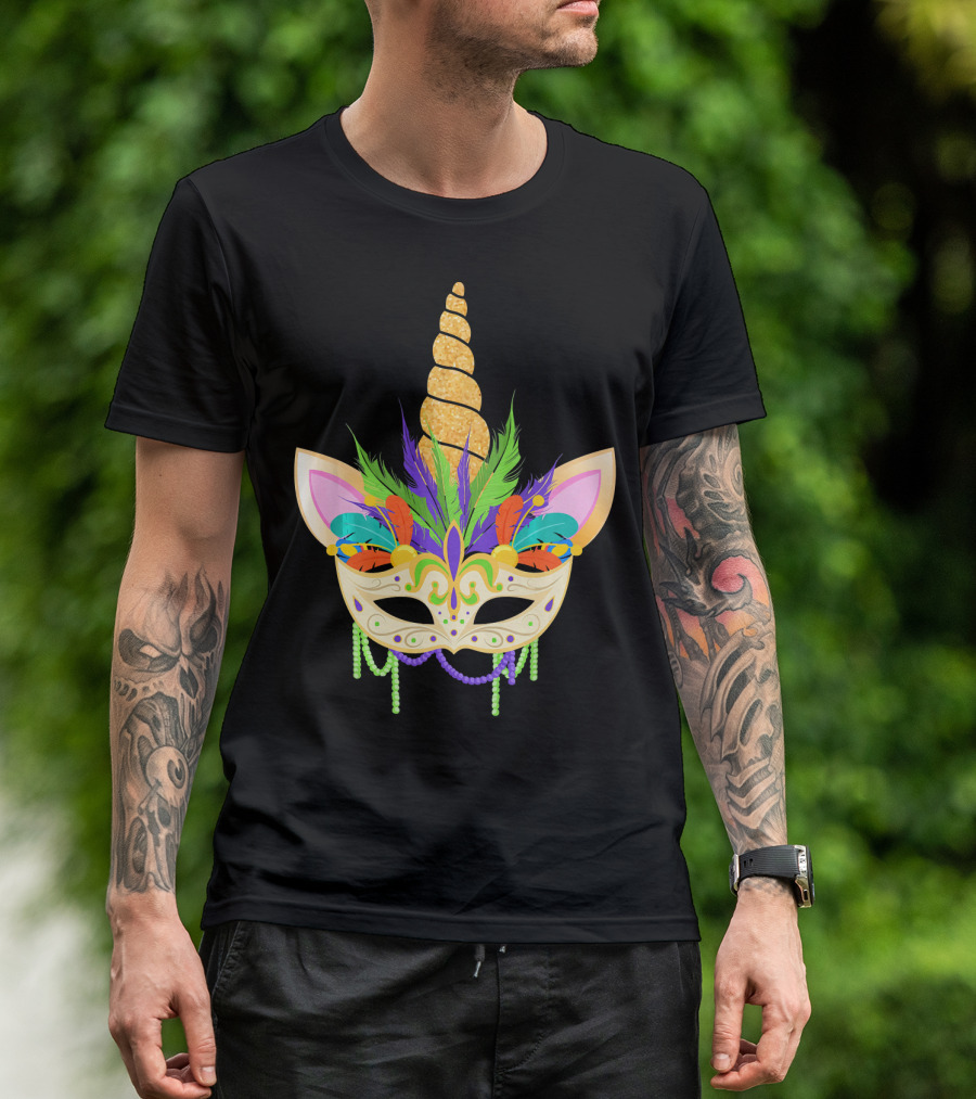 Unicorn Mask With Feathers And Beads Mardi Gras T-Shirt