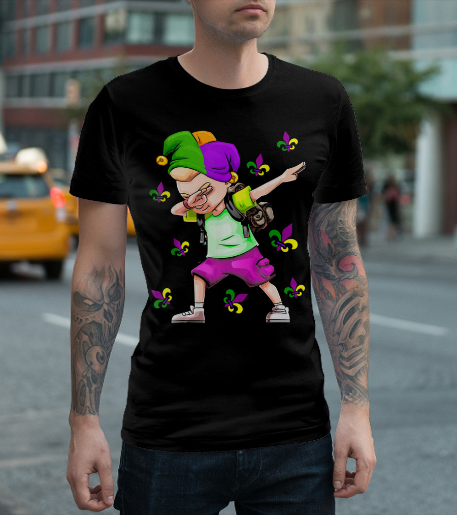 Dabbing Jester with Mardi Gras Fleur-de-Lis New Orleans T-Shirt