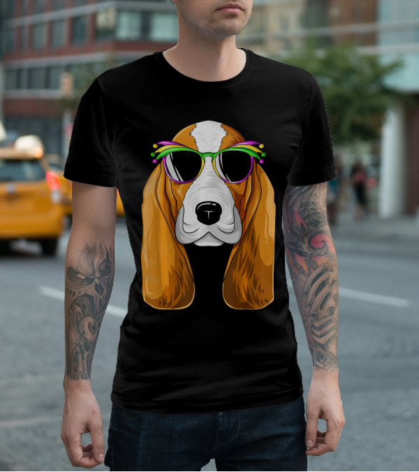 Basset Hound With Mardi Gras Carnival Mask And Sunglasses T-Shirt