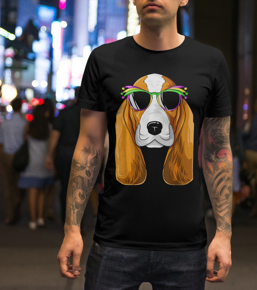 Basset Hound With Mardi Gras Carnival Mask And Sunglasses T-Shirt