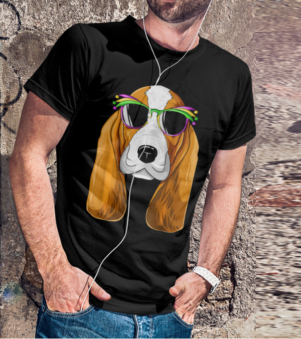 Basset Hound With Mardi Gras Carnival Mask And Sunglasses T-Shirt