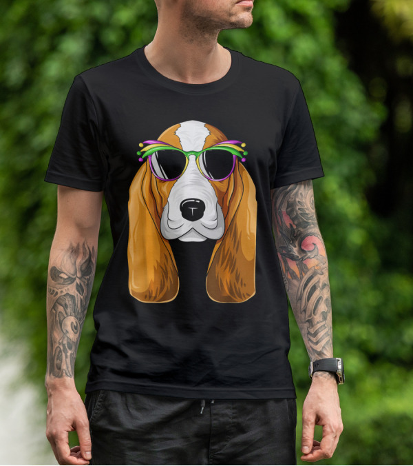 Basset Hound With Mardi Gras Carnival Mask And Sunglasses T-Shirt