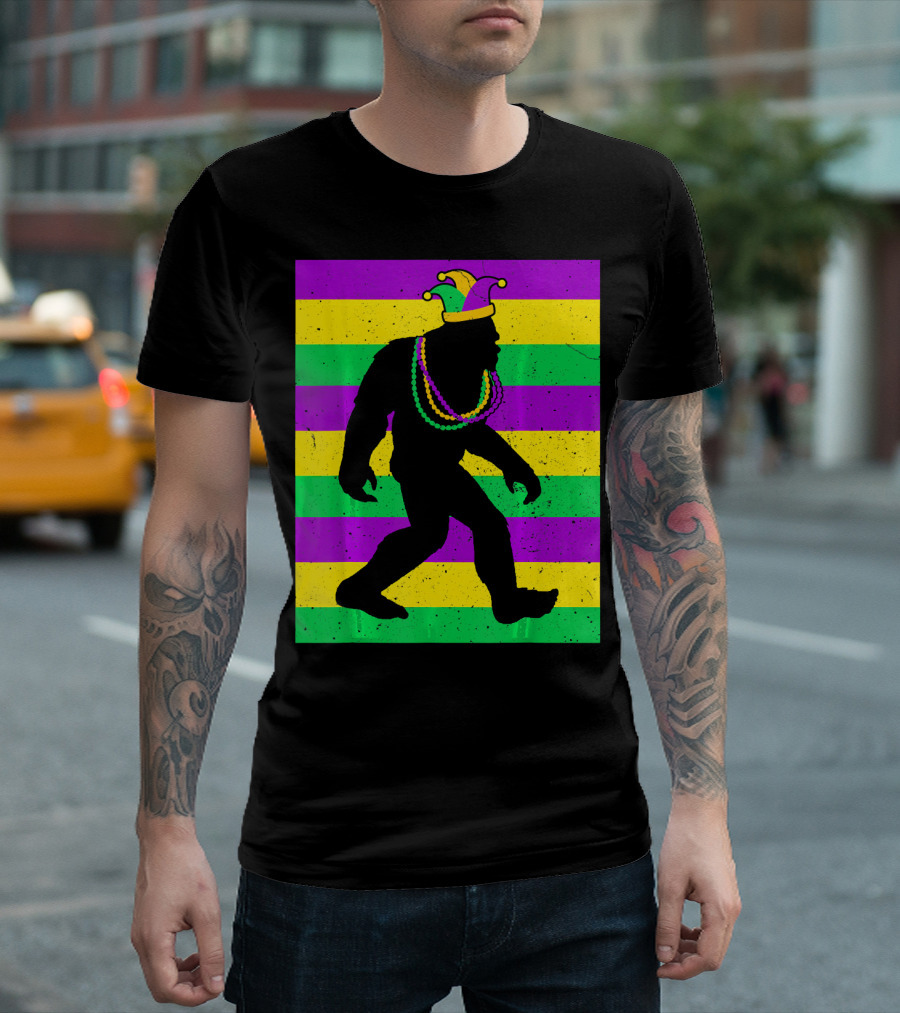 Bigfoot Sasquatch in Mardi Gras Jester Hat and Beads T-Shirt
