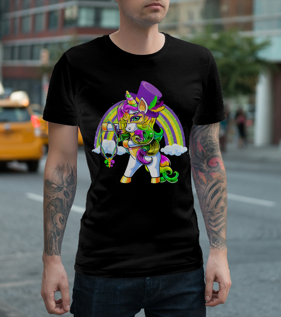 Flossing Unicorn in Top Hat with Rainbow and Mardi Gras Elements T-Shirt