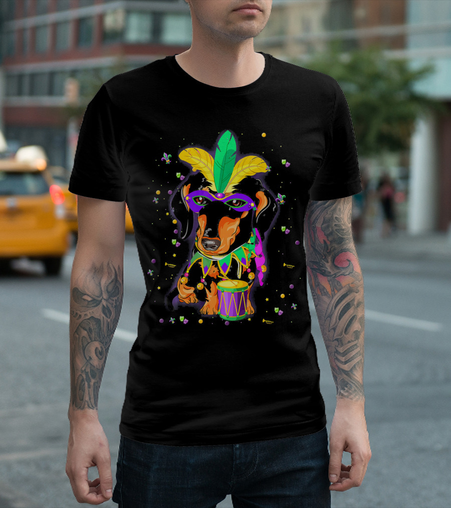 Cute Dachshund In Mardi Gras Mask With Drum And Feathers T-Shirt