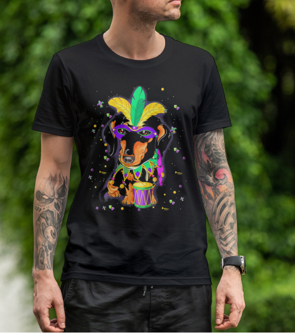 Cute Dachshund In Mardi Gras Mask With Drum And Feathers T-Shirt