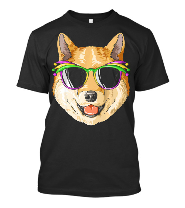 Shiba Inu In Mardi Gras Carnival Mask With Festive Sunglasses T-Shirt