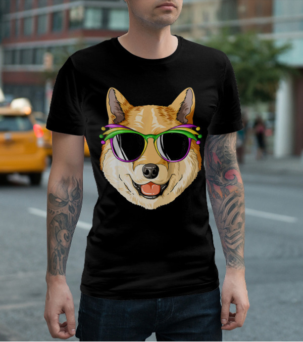 Shiba Inu In Mardi Gras Carnival Mask With Festive Sunglasses T-Shirt