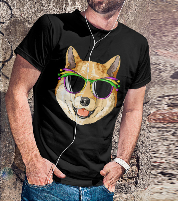 Shiba Inu In Mardi Gras Carnival Mask With Festive Sunglasses T-Shirt