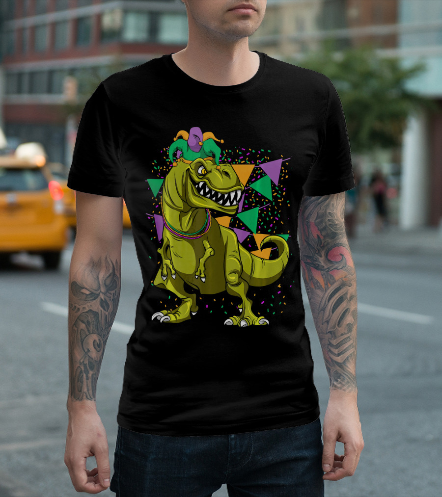 Funny Fat Tuesday Mardi Gras T-Rex Jester with Beads and Confetti T-Shirt